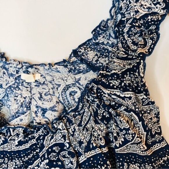 J.Crew Smocked Top Antique Paisley Cropped Tank Trip Coastline Blue White Small - Picture 4 of 11